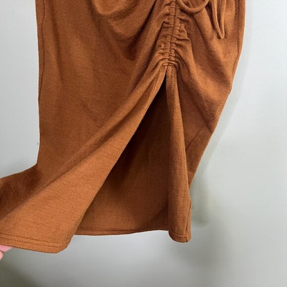 Kittenish Tie Scrunch Front Midi Sweater Dress V Neck Long Sleeve Keyhole Back - Picture 9 of 9